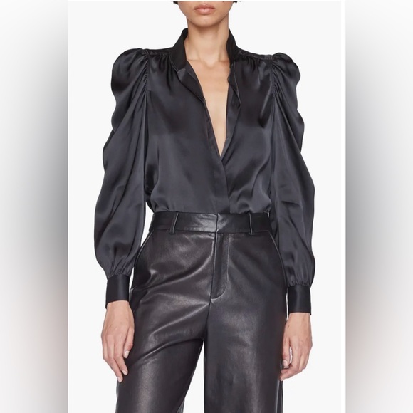 Frame Denim Tops - FRAME Gillian Long Sleeve Black Silk Top, M